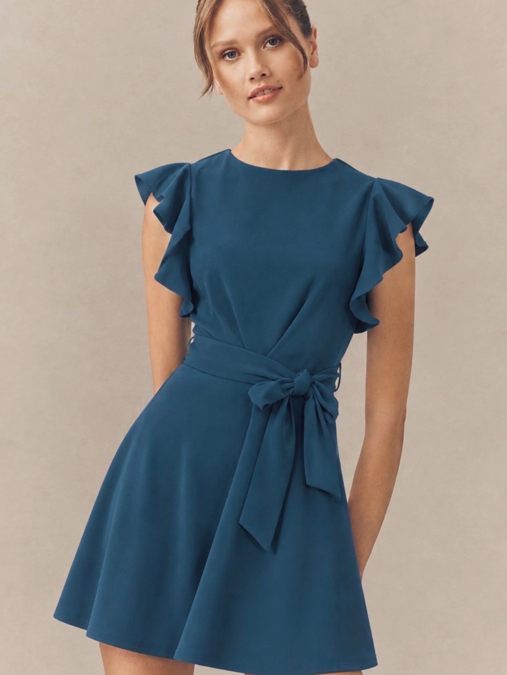 LOFT Teal Blue Ruffle Sleeve Fit & Flare Mini Dress Tie Waist Size 2